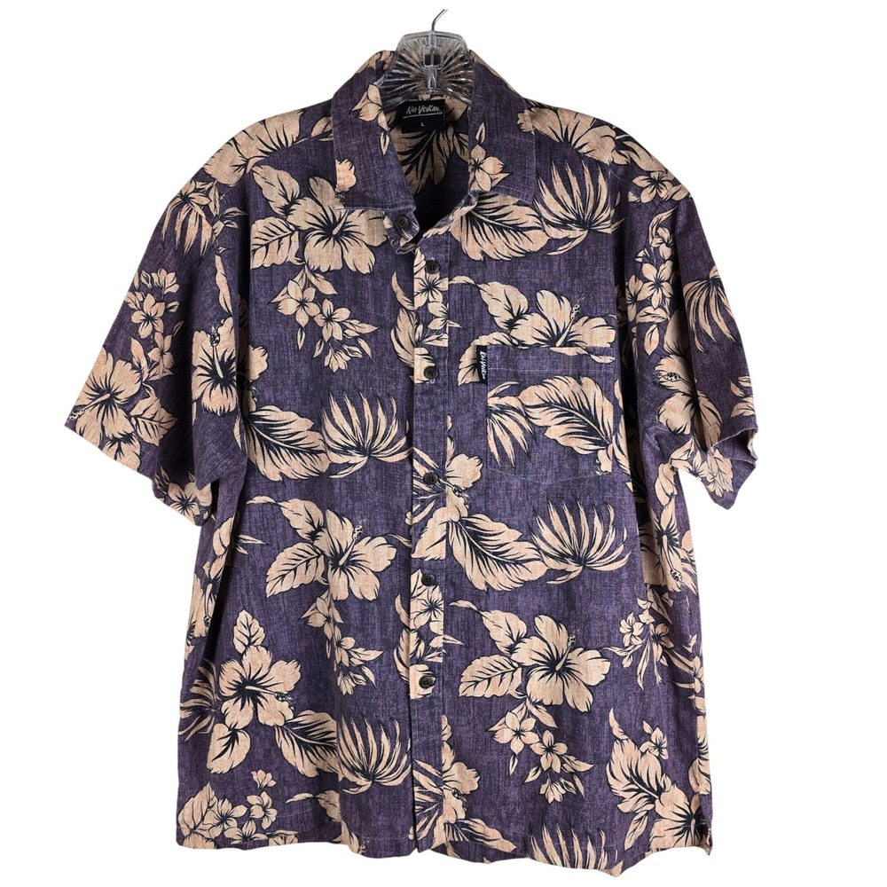 Kai-Veikau Fiji Men's Large Aloha Shirt‎ Purple Floral Hibiscus 100% Cotton